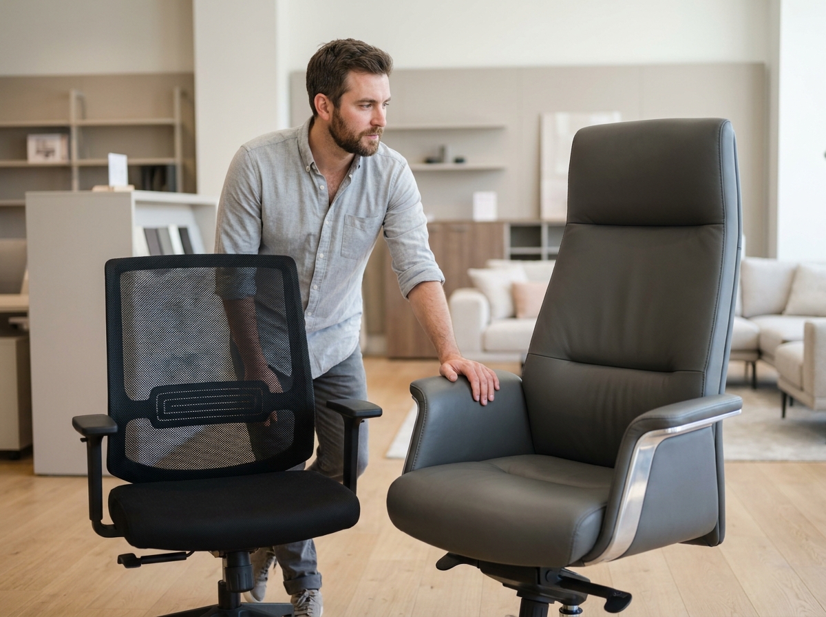 Homme comparant une chaise de bureau ordinaire et un fauteuil de direction ergonomique dans un showroom de mobilier