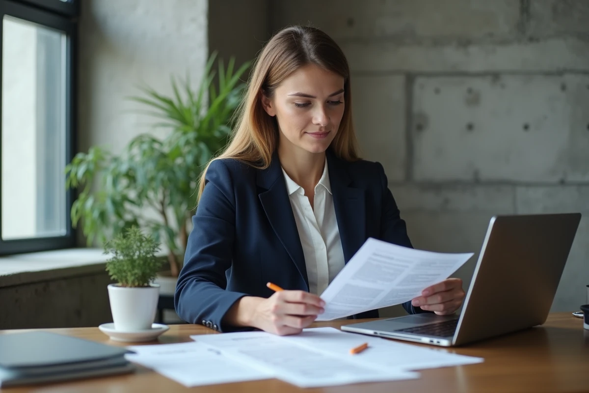 Femme entrepreneur comparant les plateformes INPI Guichet unique et Legalstart sur un ordinateur portable dans un bureau moderne