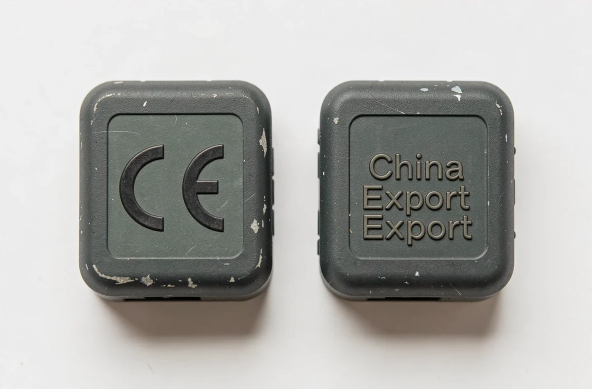 Comparaison côte à côte du vrai marquage CE européen et du logo China Export trompeur sur deux produits électroniques