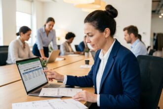 Comptable analysant des factures récurrentes et un tableau de trésorerie sur ordinateur portable en entreprise