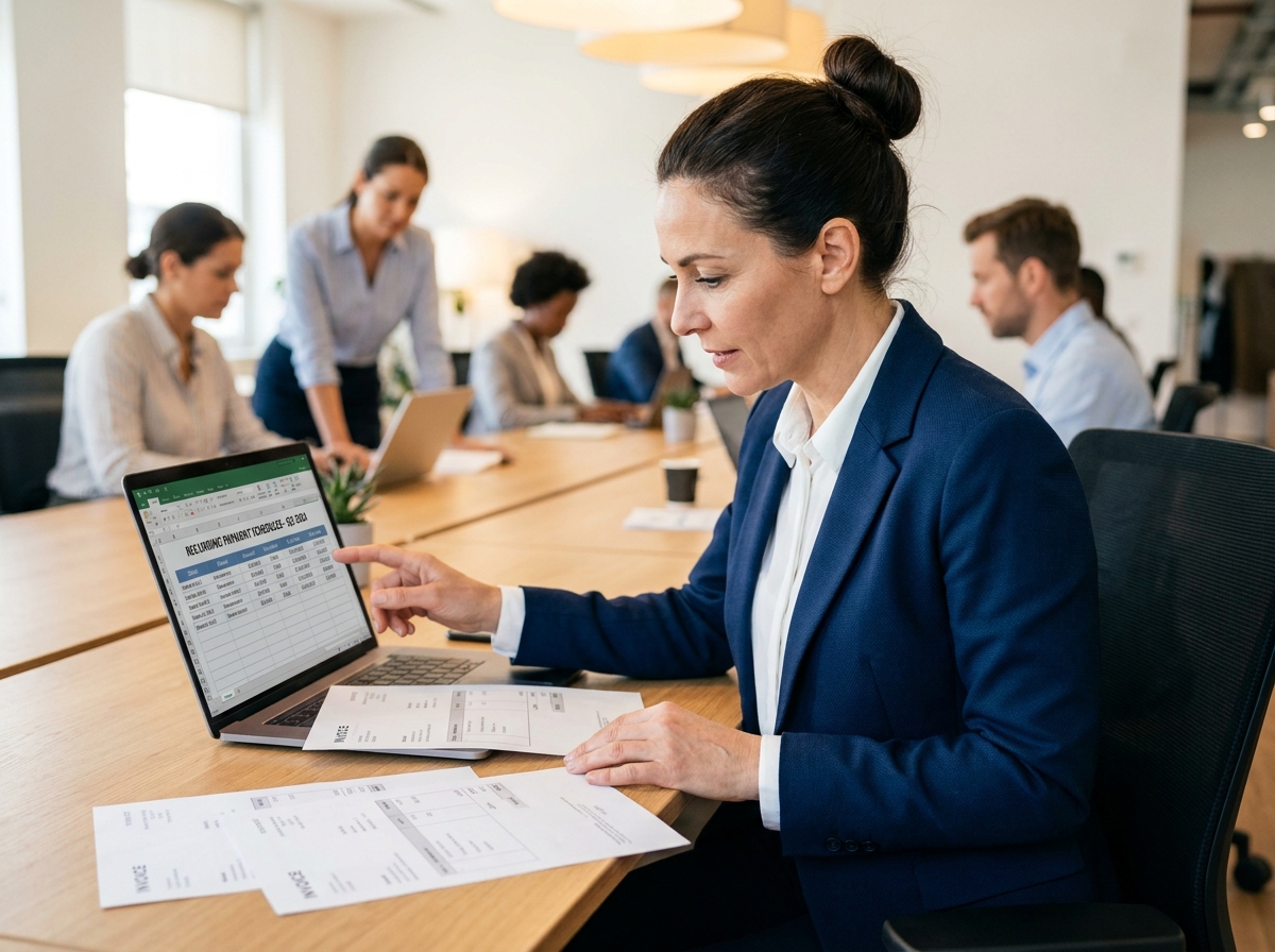 Comptable analysant des factures récurrentes et un tableau de trésorerie sur ordinateur portable en entreprise