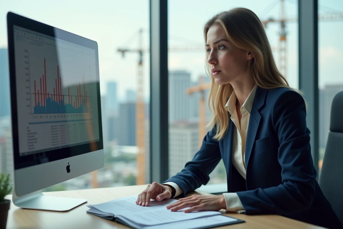 Jeune femme comptable analysant graphiques financiers au bureau