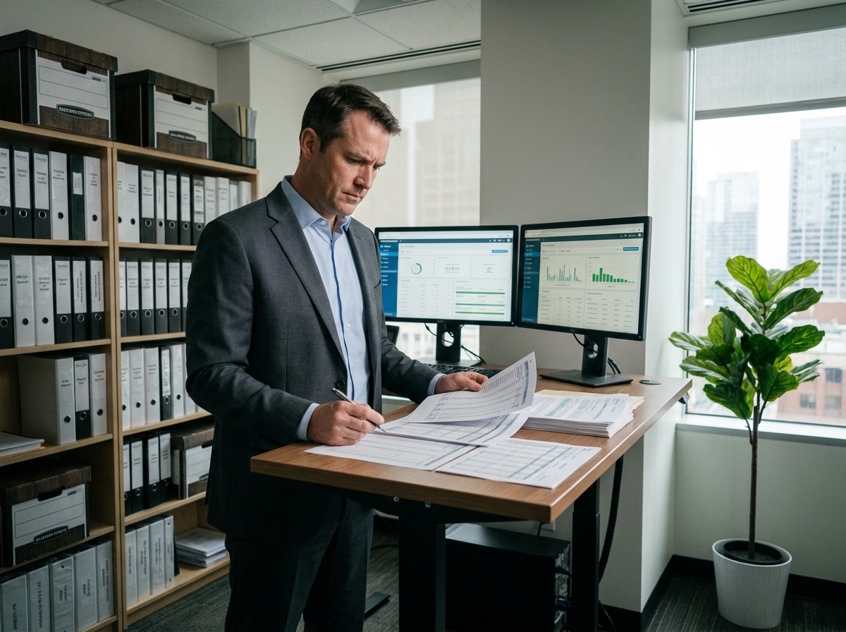 Comptable examinant des tableaux de paie sur deux écrans dans un bureau professionnel organisé