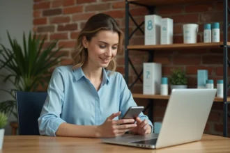 Cheffe d'entreprise gérant son compte professionnel WhatsApp depuis son bureau de boutique en 2026