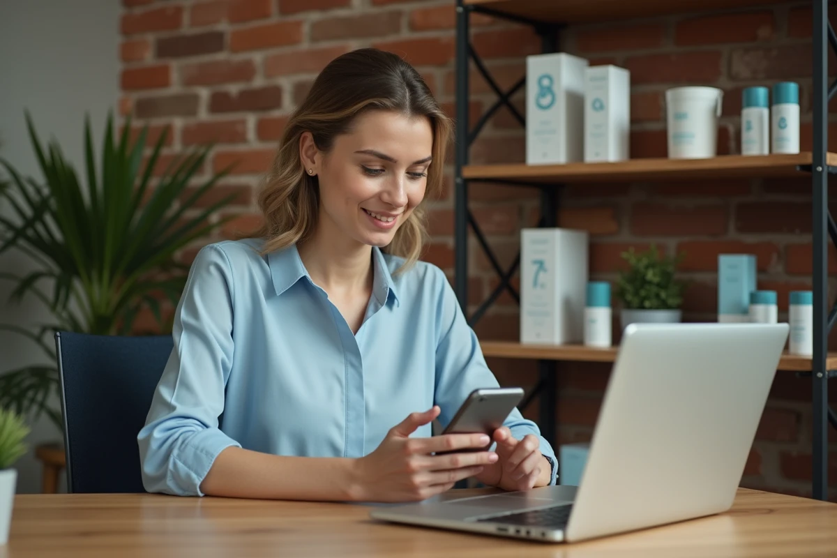 Cheffe d'entreprise gérant son compte professionnel WhatsApp depuis son bureau de boutique en 2026