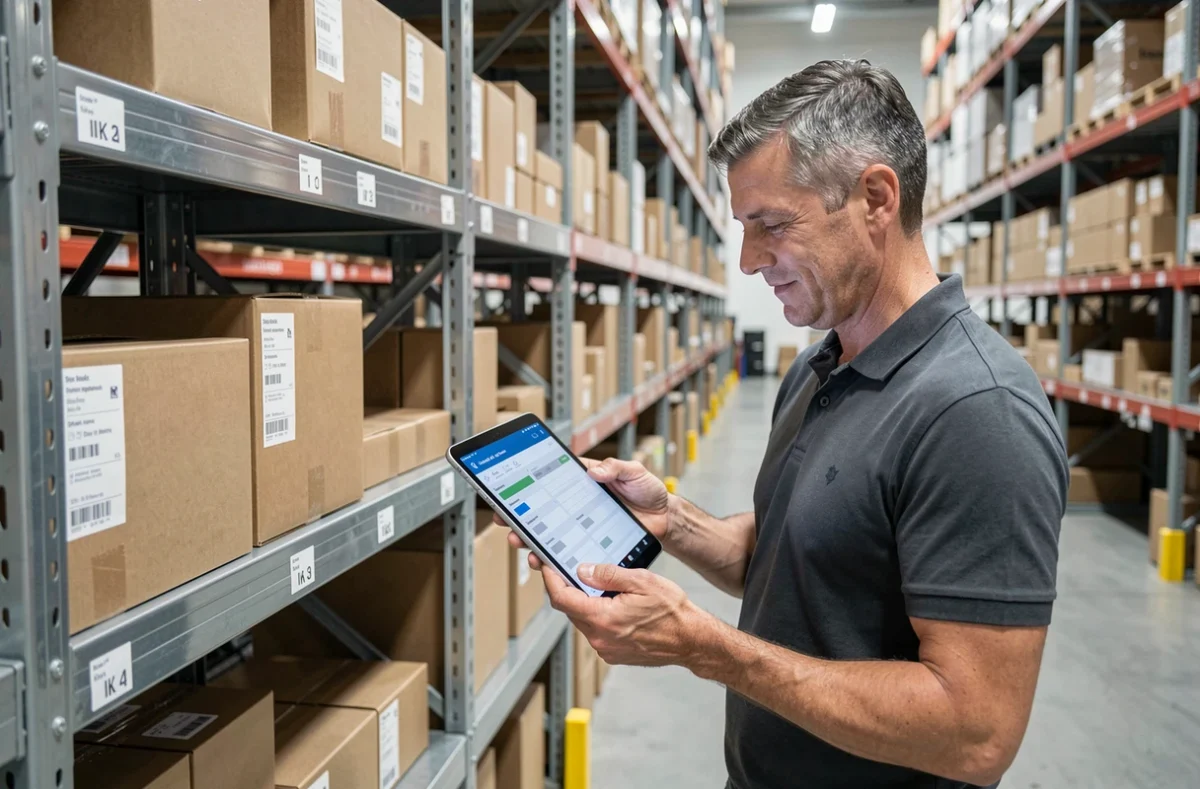 Responsable d'entrepôt configurant des paramètres personnalisés sur une tablette dans un entrepôt organisé