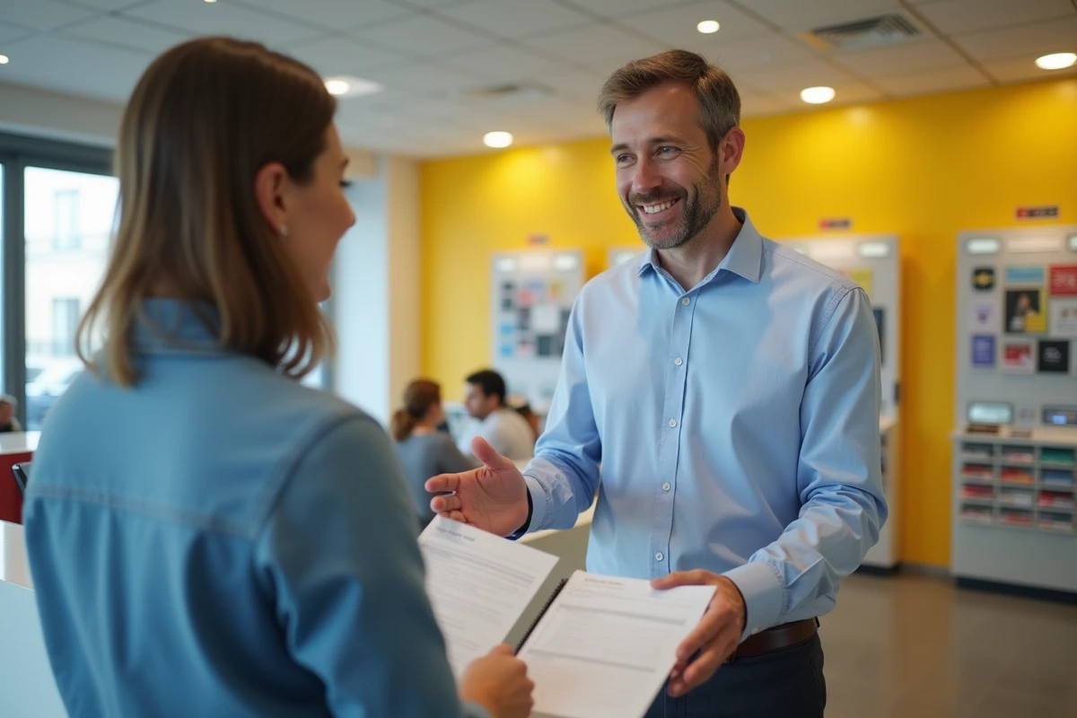 Conseiller RH de La Poste CSRH accueillant un usager au guichet d'accueil administratif
