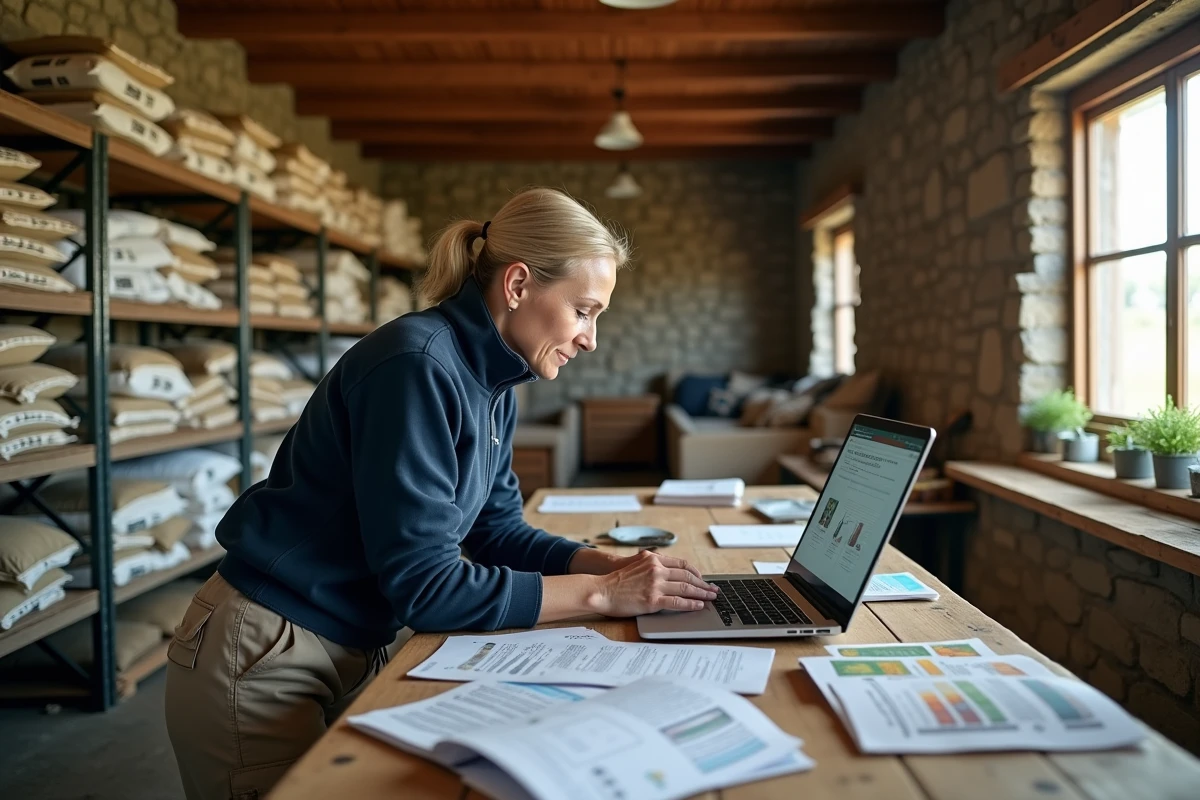 Conseillère agricole comparant des catalogues de semences avec la plateforme Axereal pro dans un bureau coopératif rural