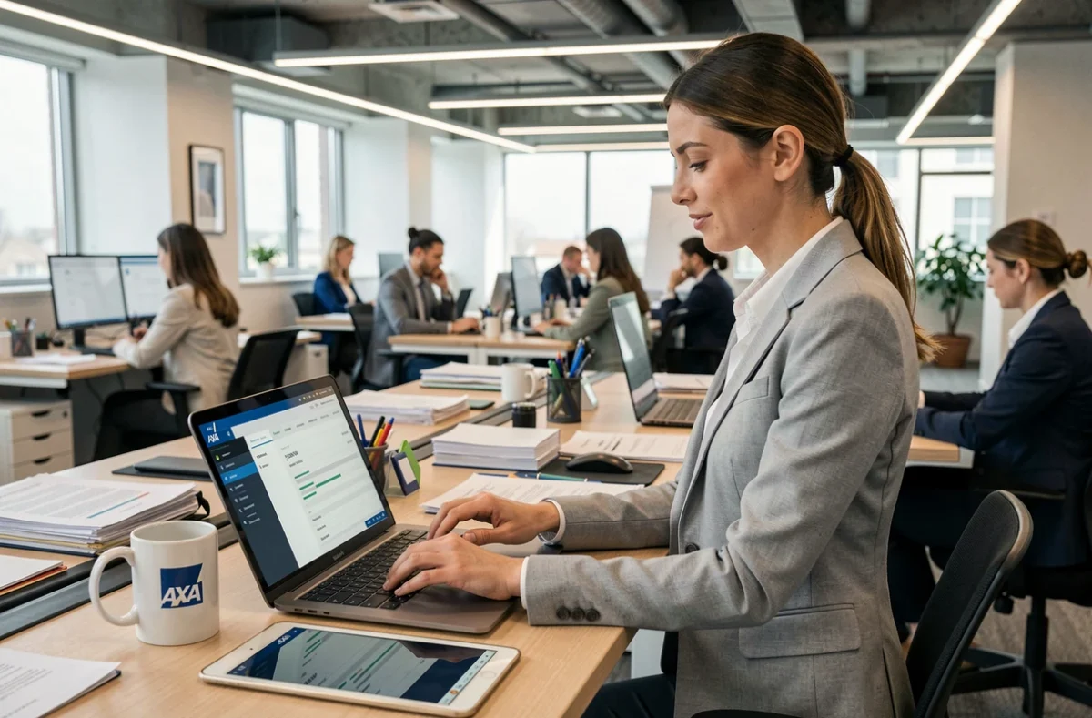 Conseillère en assurance gérant un portefeuille de courtage sur laptop et tablette dans un bureau en open space moderne