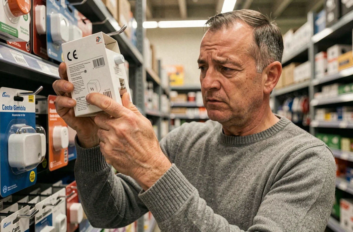 Consommateur examinant attentivement le marquage CE sur un emballage de produit électrique dans un magasin de bricolage