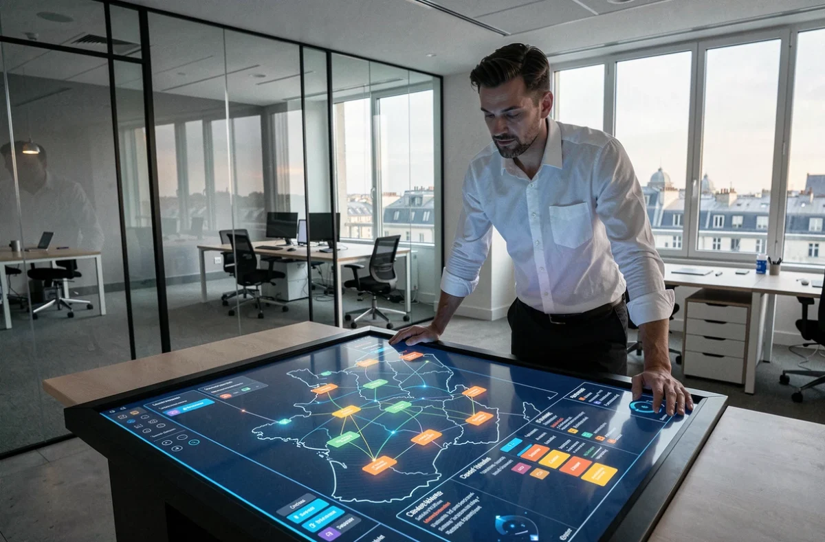 Consultant IT analysant un tableau de bord blockchain de traçabilité logistique sur un écran interactif dans un bureau tech parisien