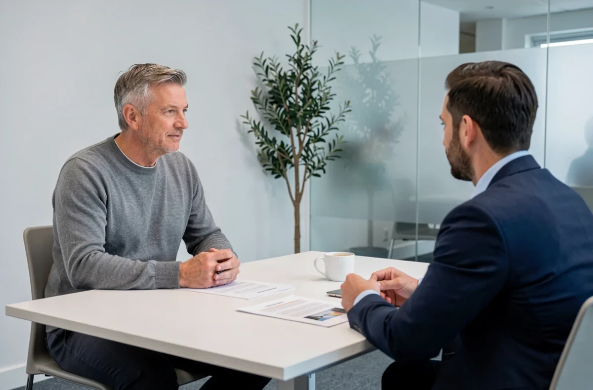 Consultant indépendant en portage salarial lors d'un entretien professionnel dans un centre d'affaires en Normandie