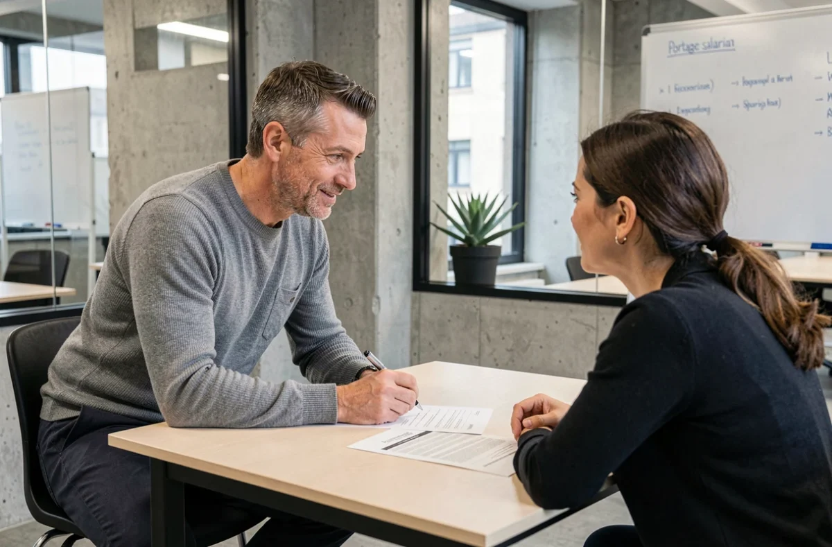 Consultant indépendant en réunion avec un conseiller en portage salarial dans un espace de coworking