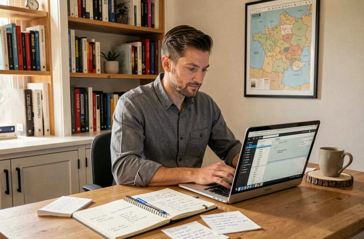 Consultant SEO indépendant travaillant seul dans son bureau à domicile, entouré de notes de stratégie manuscrites et d'un audit SEO ouvert sur son ordinateur portable
