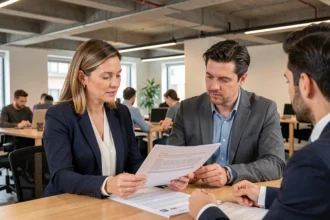 Une consultante indépendante et un conseiller en portage salarial examinent ensemble un contrat dans un espace de coworking moderne