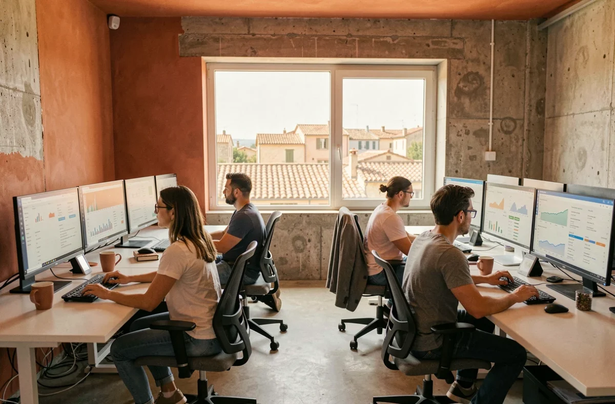 Bureau d'agence digitale moderne en Provence avec des consultants SEO travaillant sur des tableaux de bord analytiques, vue sur une ville méditerranéenne en arrière-plan
