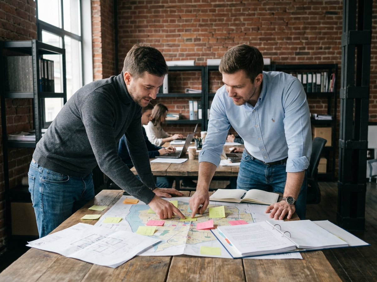 Deux consultants en stratégie d'implantation étudiant des plans de zonage urbain dans un espace de coworking