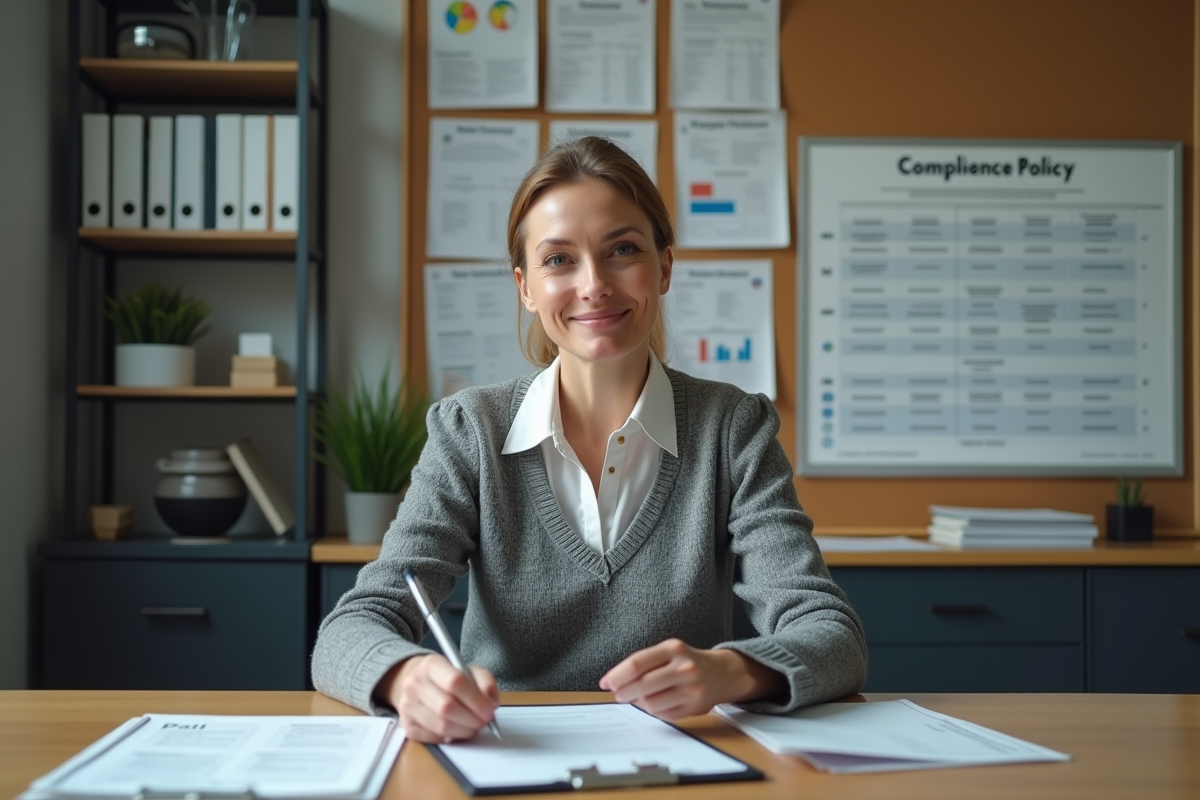 Femme en contrôle de conformité examinant des documents au bureau