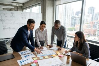 Équipe professionnelle réunissant les ventes et la production autour d'une table de réunion pour coordonner leurs décisions en entreprise