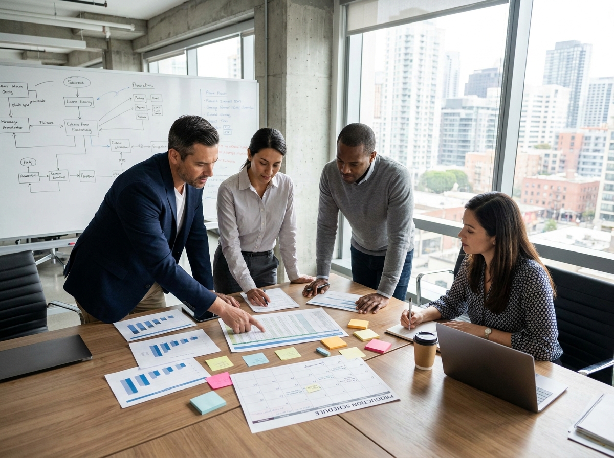 Équipe professionnelle réunissant les ventes et la production autour d'une table de réunion pour coordonner leurs décisions en entreprise