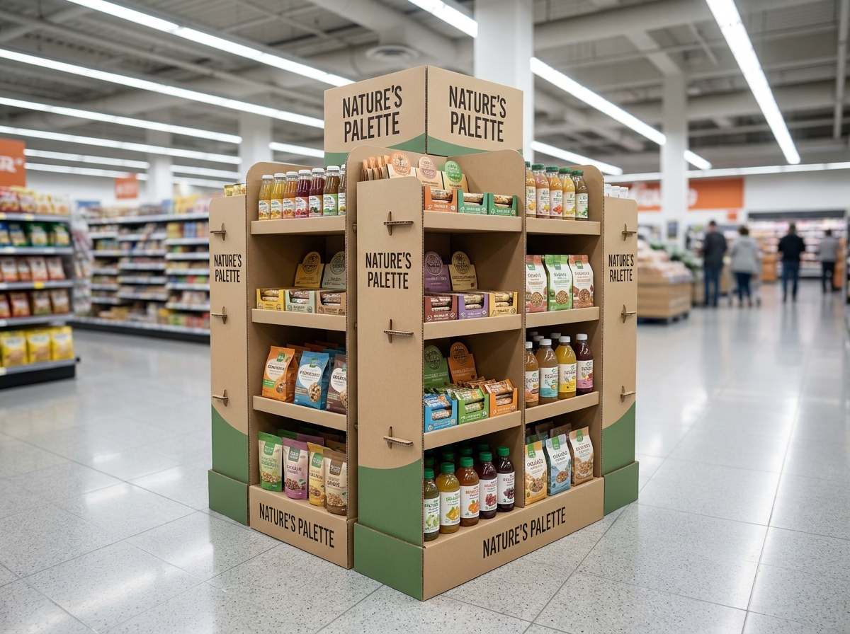 Corner de marque modulable en carton avec accessoires coordonnés formant un espace dédié dans un point de vente