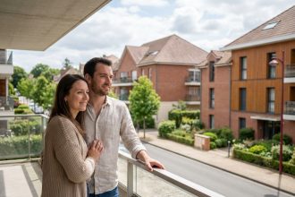 Jeune couple souriant sur le balcon d'un appartement neuf