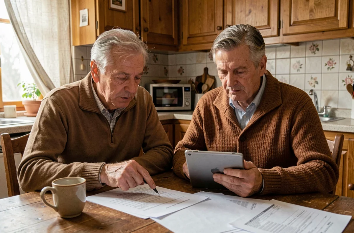 Couple de seniors consultant des documents administratifs du SGC Calais à la maison