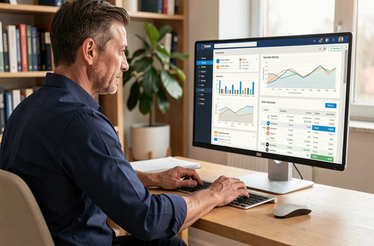 Courtier en assurance configurant son espace extranet AXA sur un grand écran de bureau avec des tableaux de bord de portefeuille client