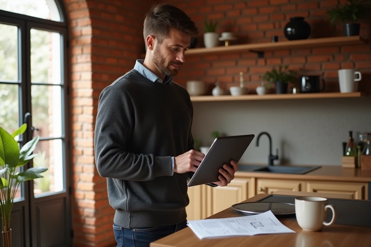 Entrepreneur masculin consultant un comparatif de création d'entreprise en ligne sur tablette depuis son domicile