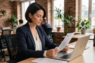 Créatrice d'entreprise consultant des documents de domiciliation dans un espace de coworking moderne à Tours