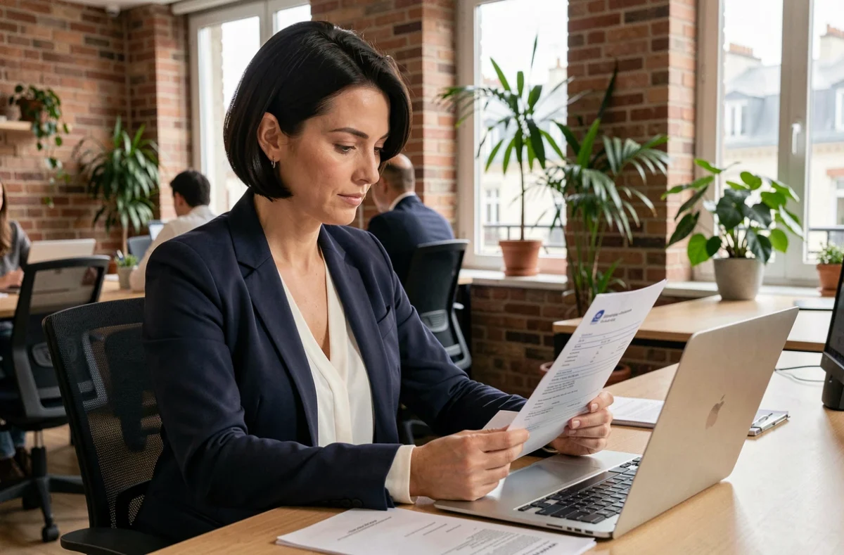 Créatrice d'entreprise consultant des documents de domiciliation dans un espace de coworking moderne à Tours
