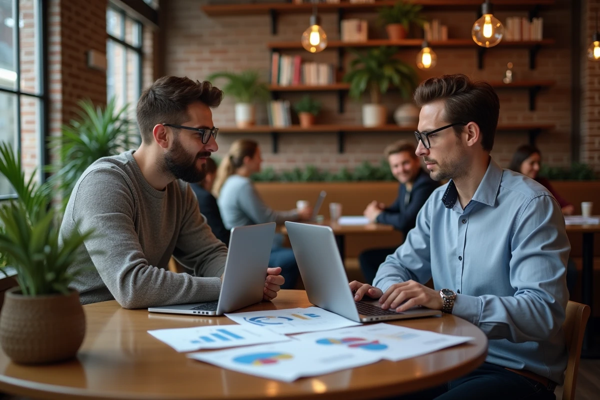 Deux hommes discutant dans un café avec documents financiers
