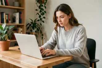 Jeune femme débutante découvrant un site web sur son ordinateur portable dans un bureau à domicile