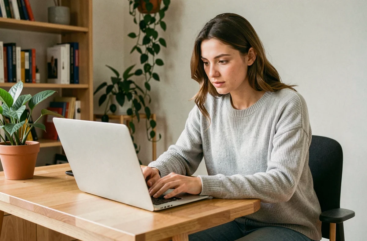 Jeune femme débutante découvrant un site web sur son ordinateur portable dans un bureau à domicile