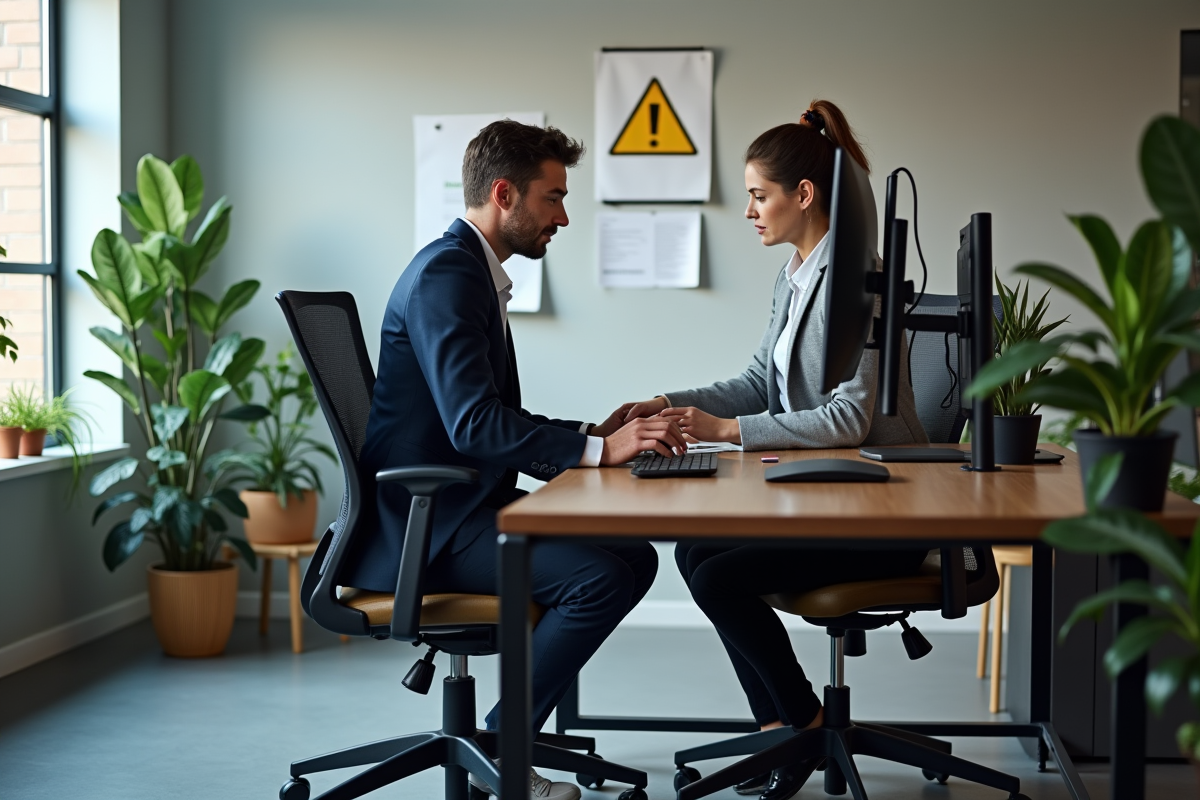 Manager montrant une bonne ergonomie de bureau à un employe