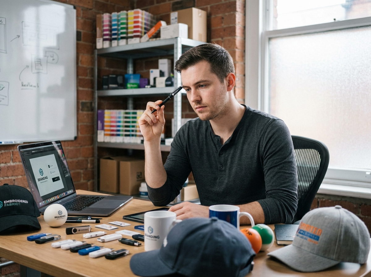 Designer examinant des échantillons d'objets publicitaires personnalisés dans un studio créatif