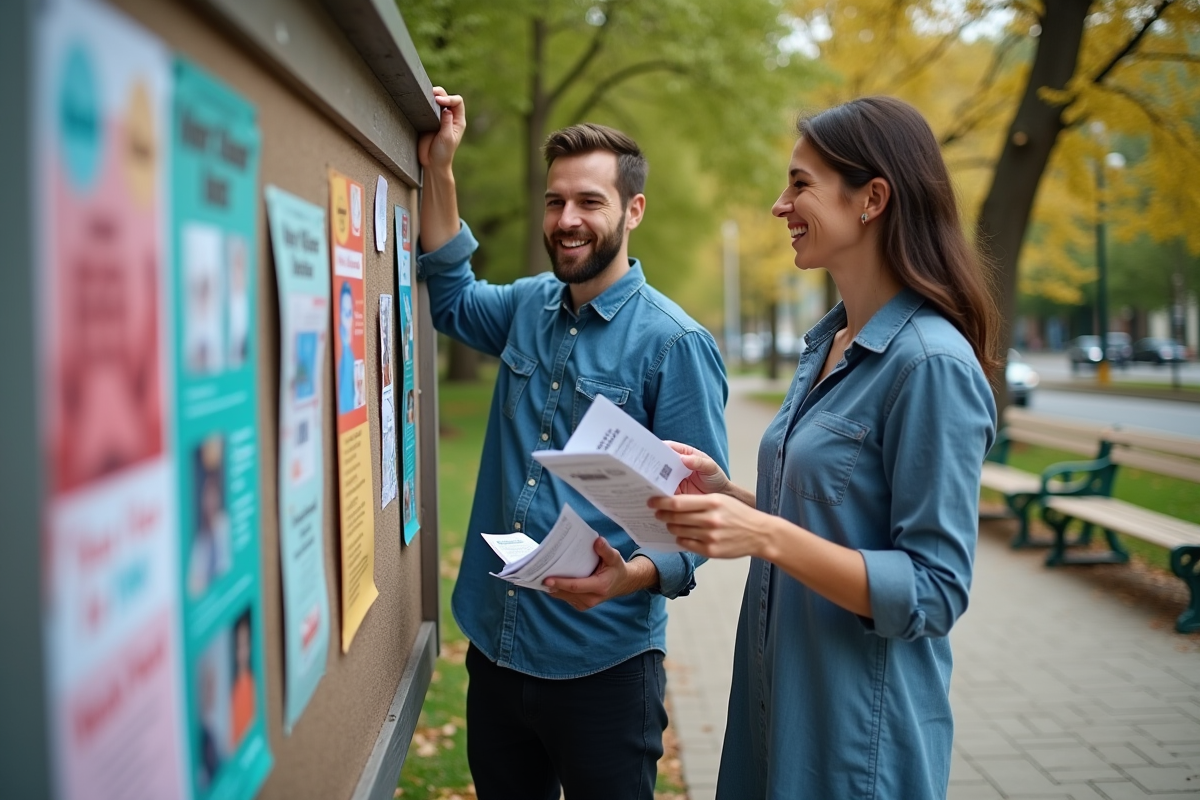 Deux collègues affichent flyers dans un parc urbain