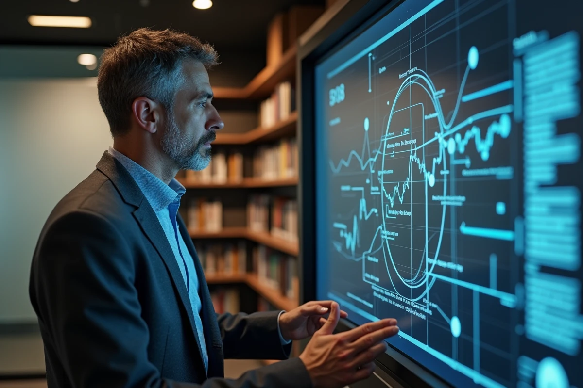 Directeur commercial analysant une carte de données d'intention pour affiner le profil client idéal ICP dans un bureau exécutif