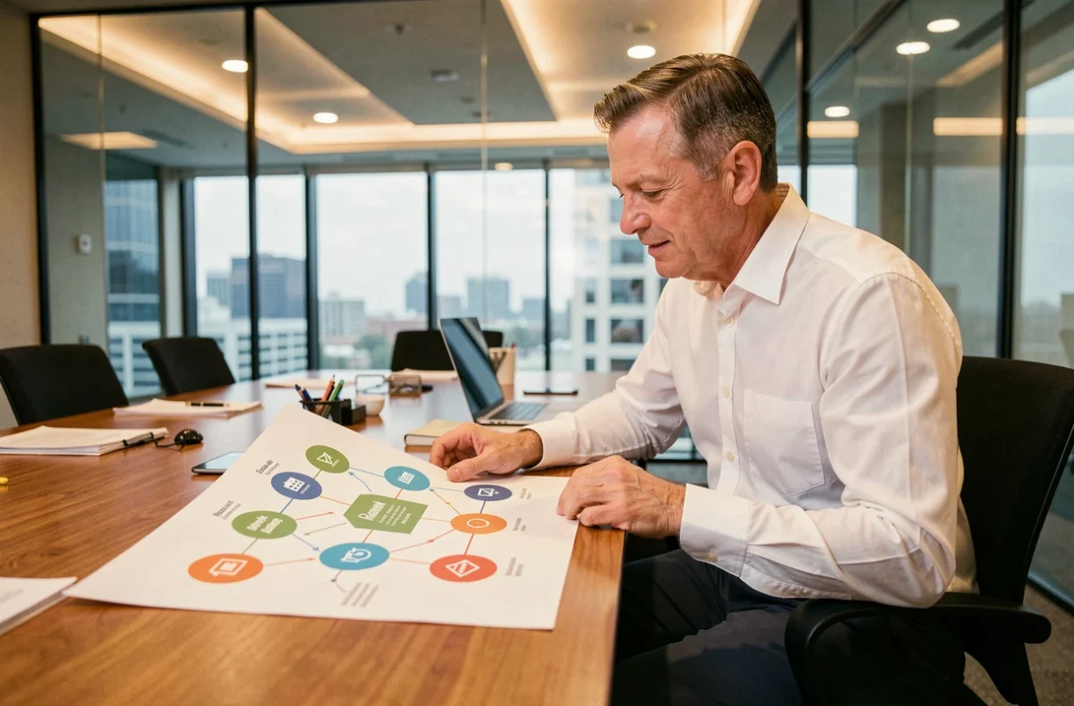 Directeur marketing analysant un document sur les dix piliers du mix marketing en salle de réunion