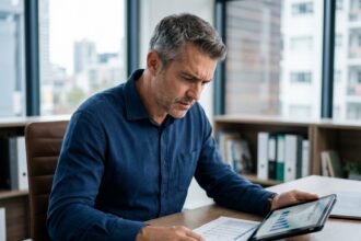 Dirigeant de PME analysant ses délais de paiement sur une tablette dans son bureau moderne