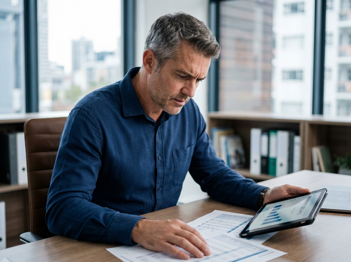 Dirigeant de PME analysant ses délais de paiement sur une tablette dans son bureau moderne