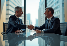 Fusions d’entreprises : quelle est la clé de la réussite ? Deux dirigeants se serrant la main dans une salle moderne