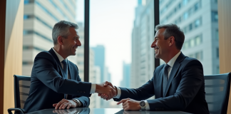 Fusions d’entreprises : quelle est la clé de la réussite ? Deux dirigeants se serrant la main dans une salle moderne