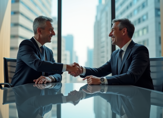 Fusions d’entreprises : quelle est la clé de la réussite ? Deux dirigeants se serrant la main dans une salle moderne