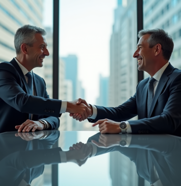 Deux dirigeants se serrant la main dans une salle moderne