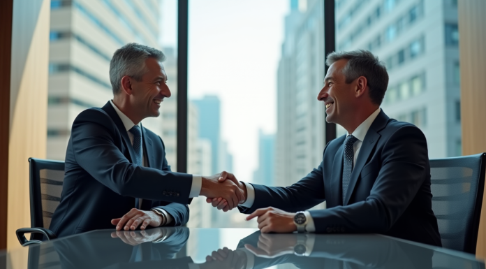 Fusions d’entreprises : quelle est la clé de la réussite ? Deux dirigeants se serrant la main dans une salle moderne