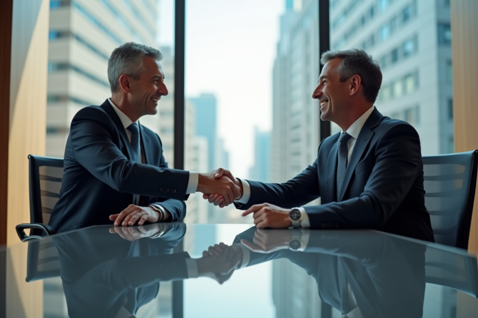 dirigeants-seance-accord Deux dirigeants se serrant la main dans une salle moderne