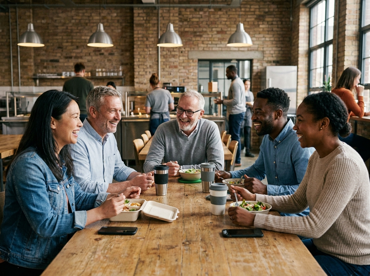 Groupe de collègues de profils variés partageant un repas à la cafétéria d'entreprise dans une ambiance conviviale et inclusive