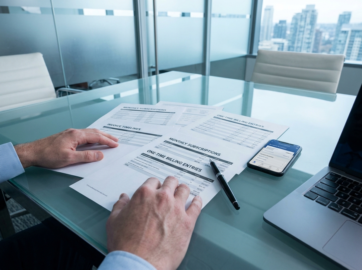 Documents financiers comparant facturation récurrente et ponctuelle sur table de réunion en entreprise
