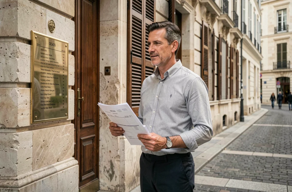 Entrepreneur devant un immeuble de bureaux à Montpellier tenant un dossier de domiciliation commerciale dans le centre-ville